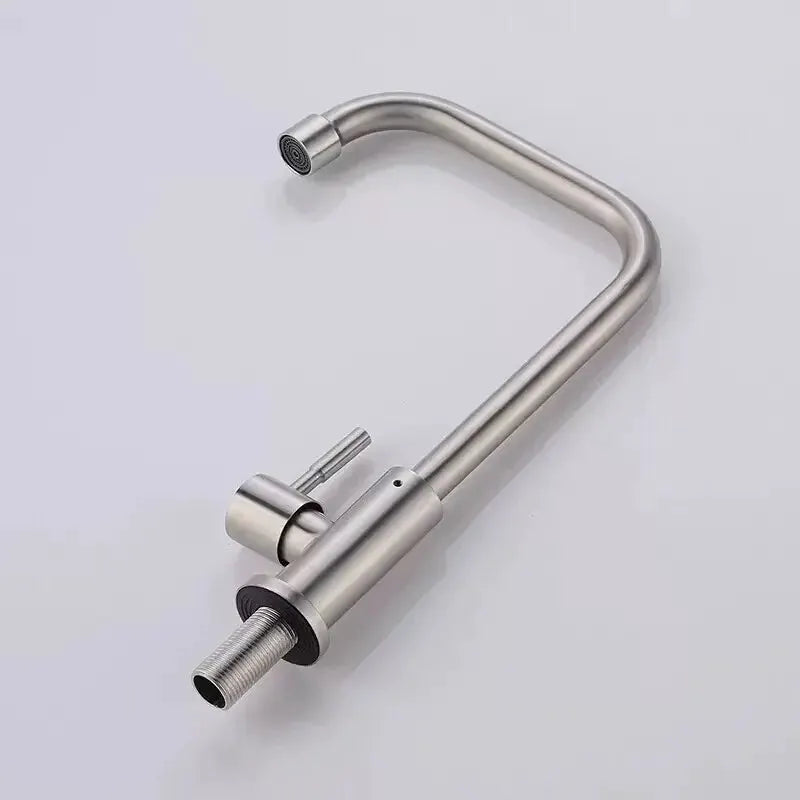 Stainless steel kitchen faucet by Simples Market, single-lever, deck-mounted with high-arc curved neck.