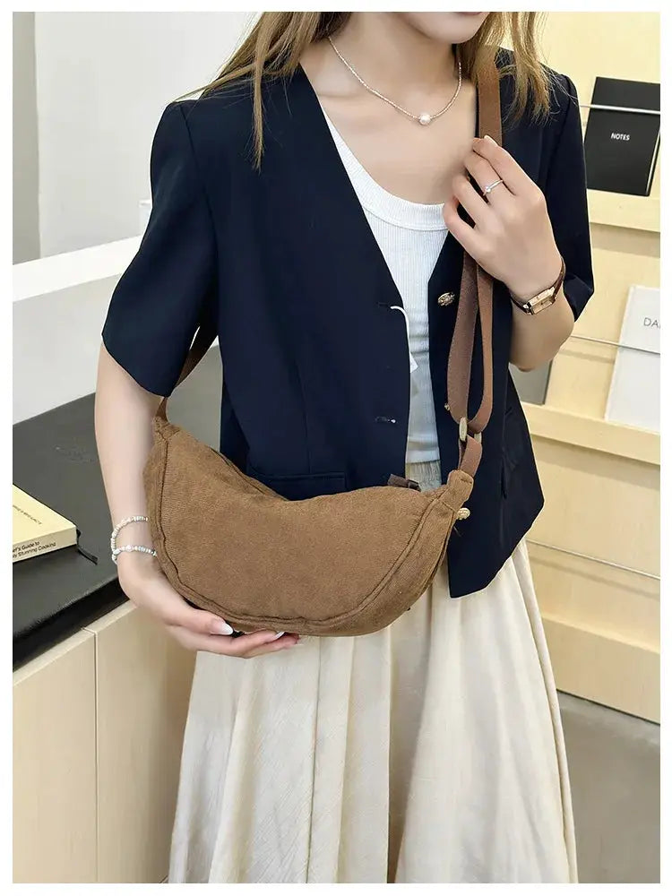 Corduroy hobo bag in brown with crossbody strap for casual daily use