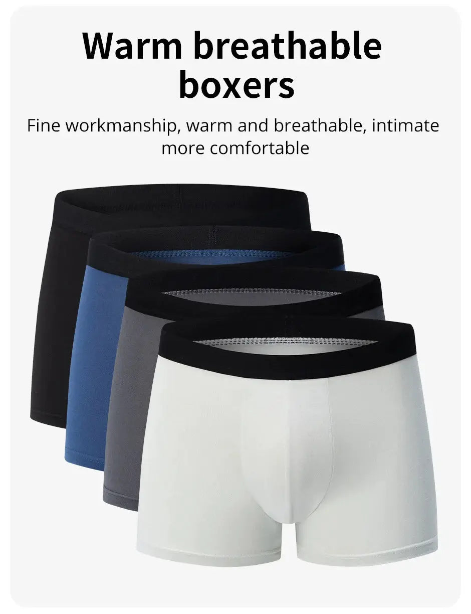 4-pack men's solid-color boxers; black, blue, gray, white; antibacterial breathable fabric