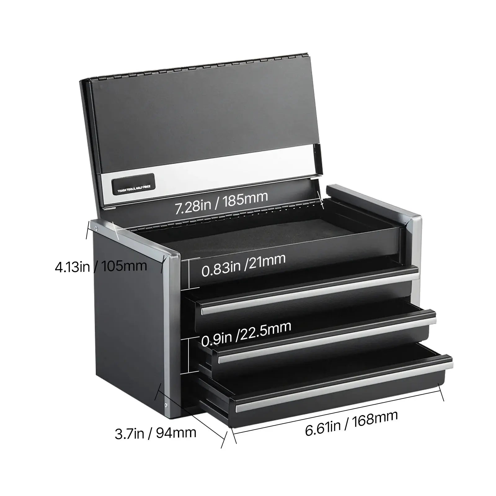 3-drawer black powder-coated metal tool box, portable with feet pads and ball-bearing slides