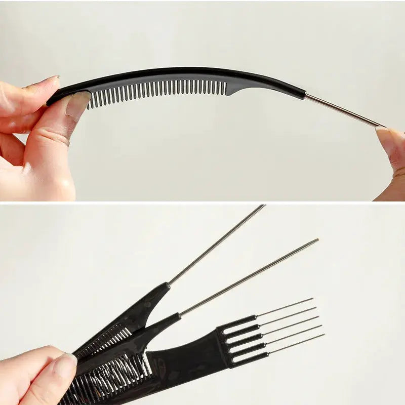 Black 3-piece hair comb set with curved anti-static smoothing comb and metal pin forks