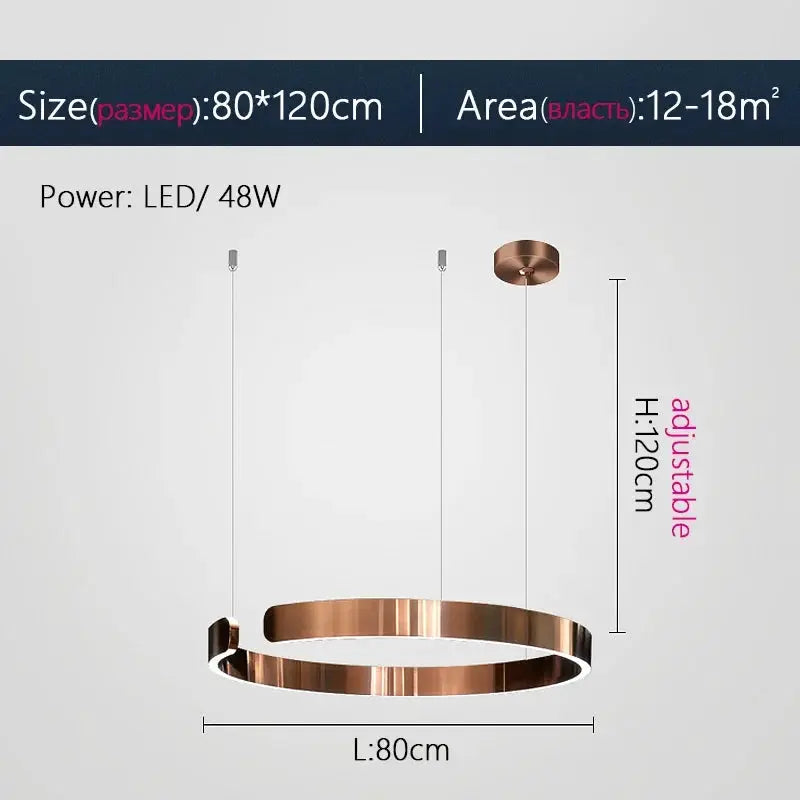 Nordic Ring LED pendant lamp, copper/gold finish, dimmable 48W, 80 cm diameter, adjustable to 120 cm, Simples Market