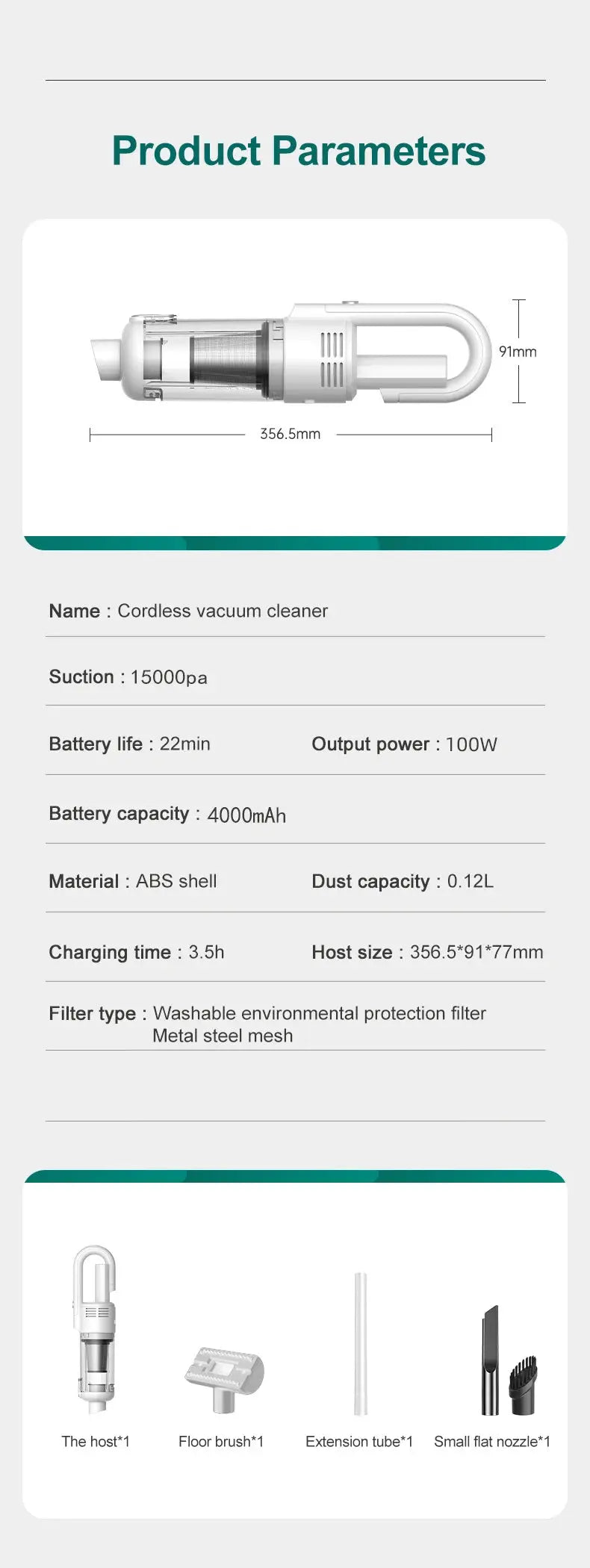 Simples Market cordless handheld vacuum with HEPA filter; 4-piece kit includes host, floor brush, extension tube, nozzle