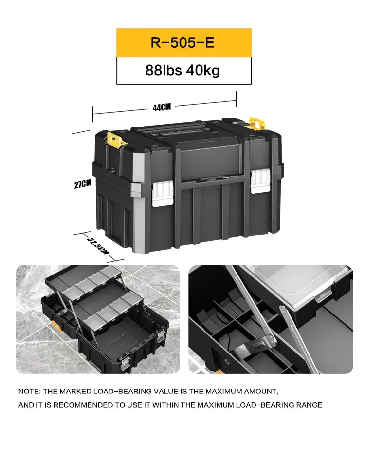 AIRAJ stackable modular toolbox by Simples Market with wheels, black body and yellow latches, multiple trays