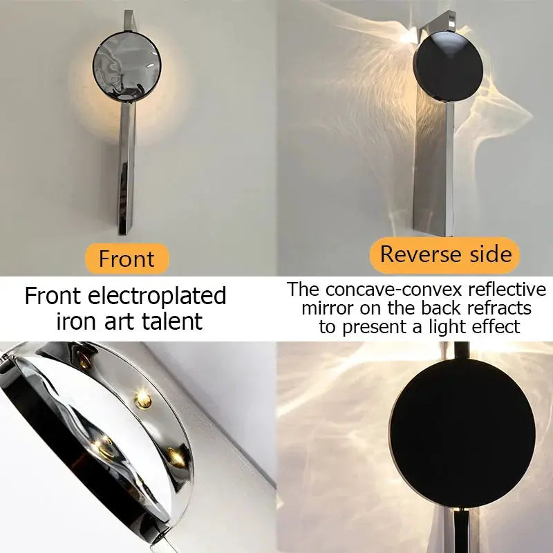 Simples Market modern LED wall light with rotatable circular reflective disc on stainless steel body.