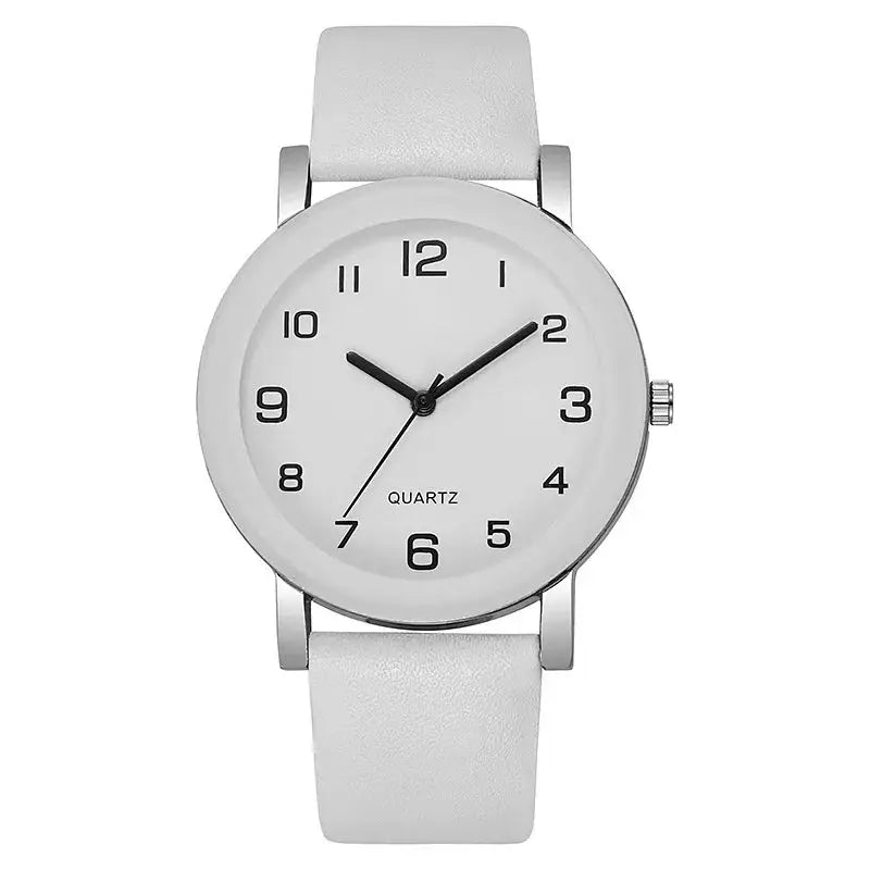 Wristwatch by Simples Market with white leather strap, silver case, quartz movement, Arabic numeral dial