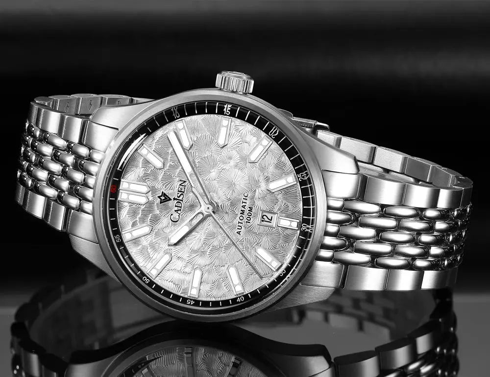 CADISEN automatic mechanical men's watch with stainless steel bracelet and patterned silver dial