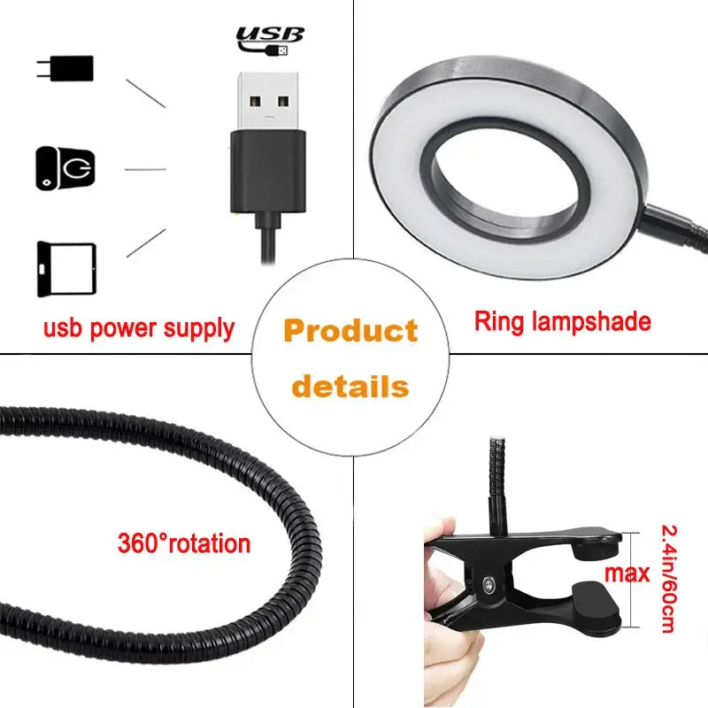 Simples Market LED Ring Clamp Lamp, USB-powered with 360° rotatable gooseneck and 3-level color temperature