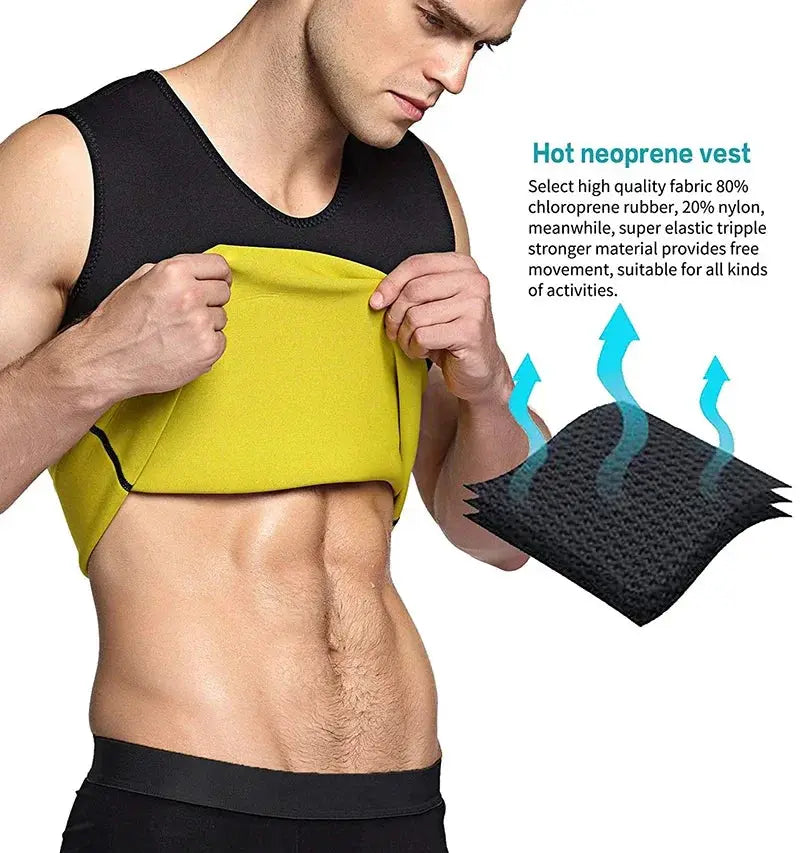 Men's slimming neoprene waist trainer vest by Simples Market, black with yellow panel abdominal shaper