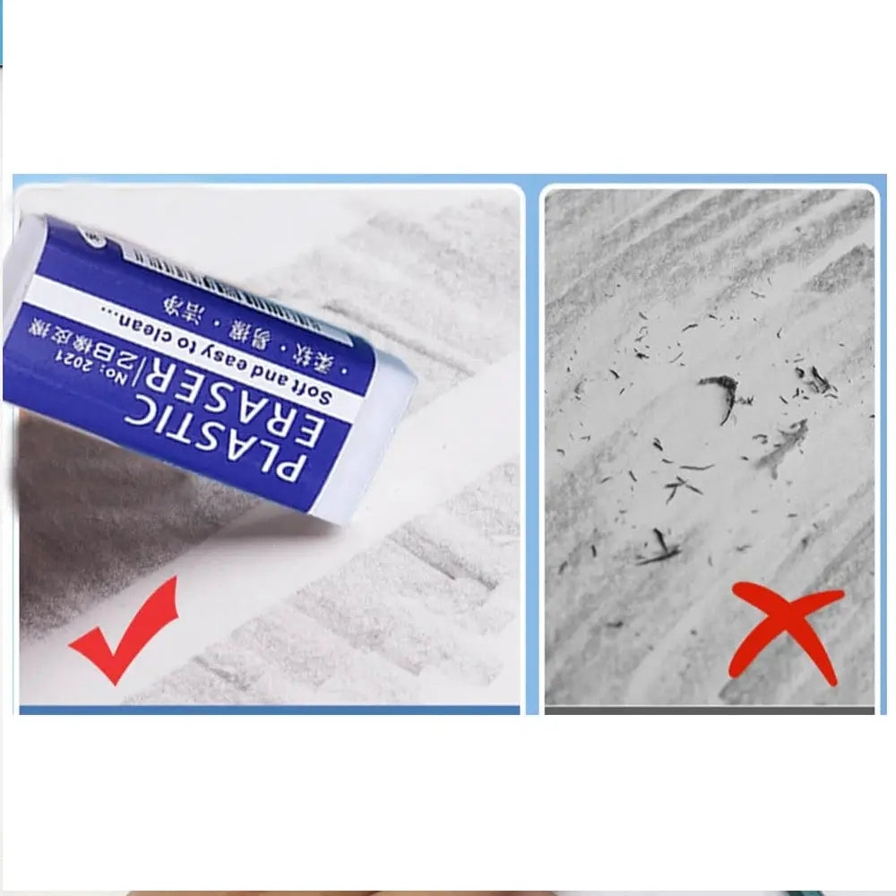 Blue PVC pencil eraser; large plastic eraser shown erasing cleanly on paper (check) and poorly with shavings (X).
