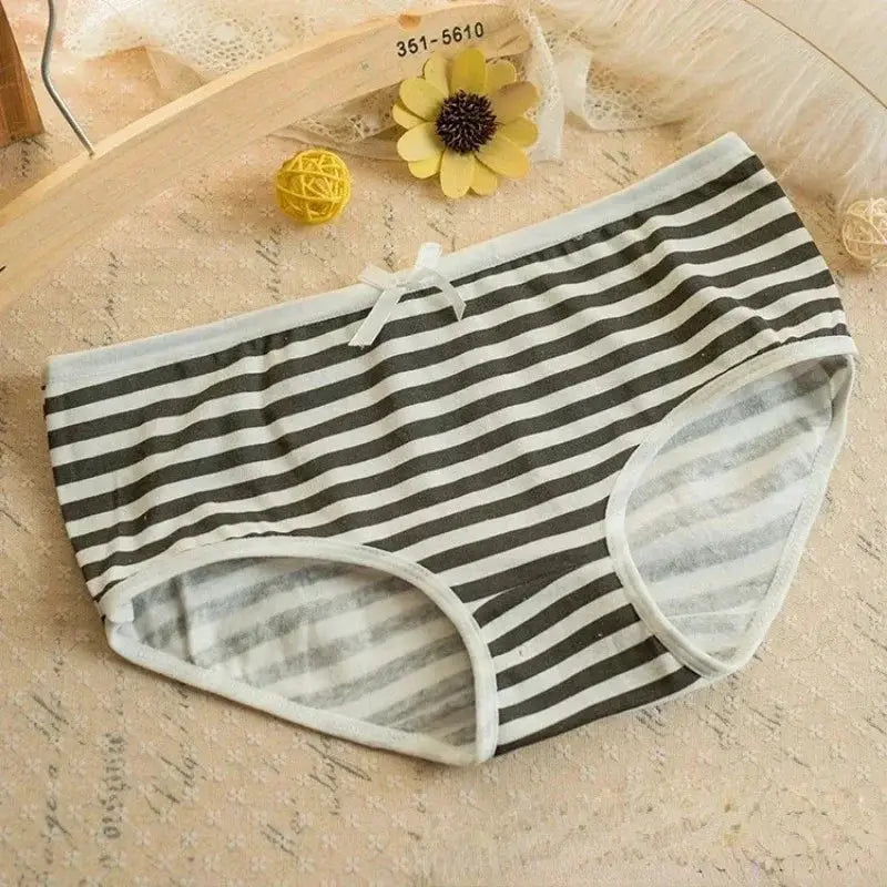 Black and white striped women's panties with white trim and small bow