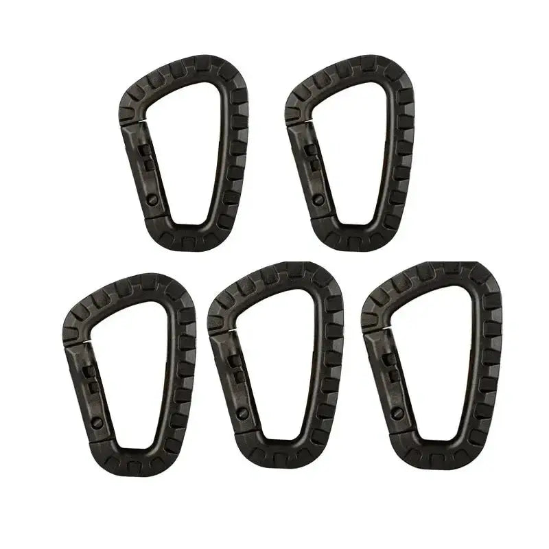 Six black military tactical carabiner clips (D-rings) for backpacks, keys and outdoor gear
