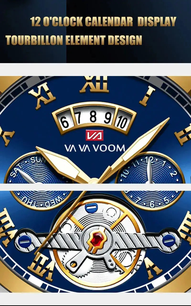 Men's luxury watch with blue dial and gold tourbillon accents, VA VOOM logo