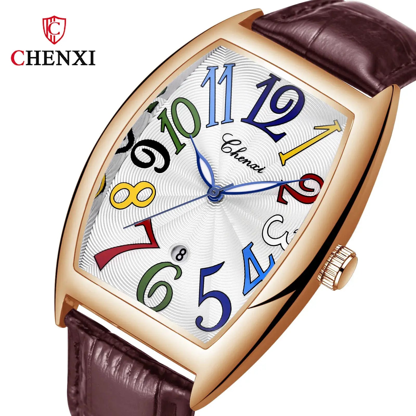 CHENXI men's wristwatch with a rose-gold curved case, white dial, colorful numbers, blue hands, brown leather strap