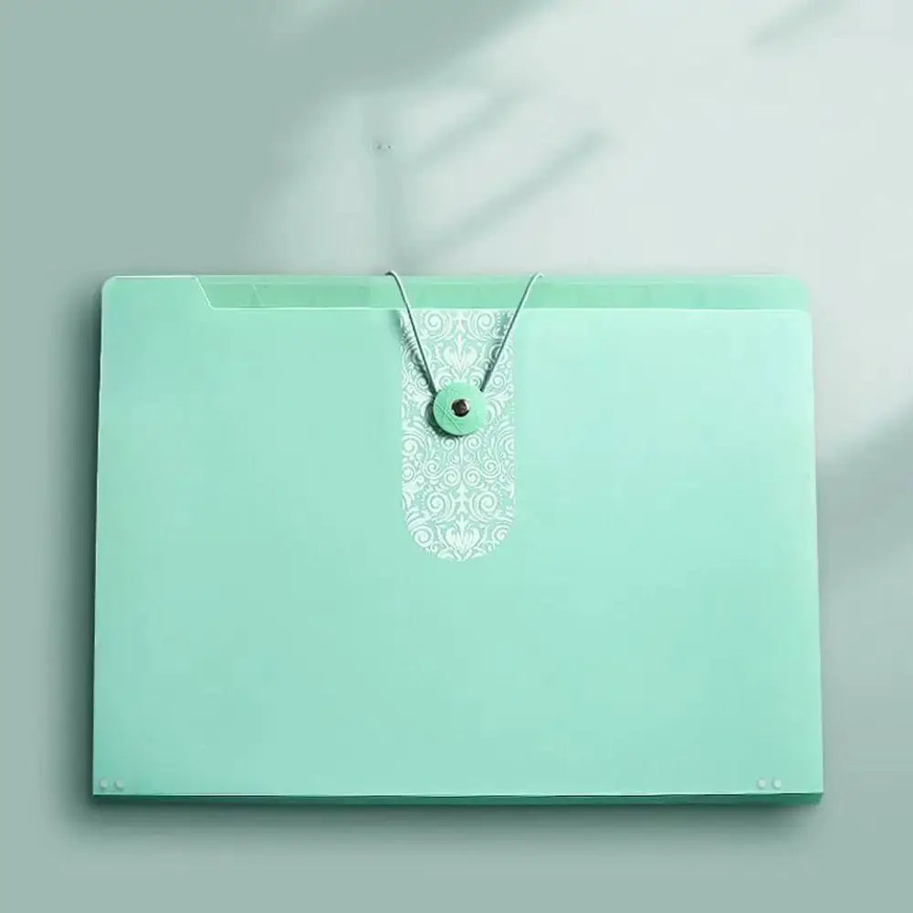 Mint green A4 file organizer with decorative strap and button closure.