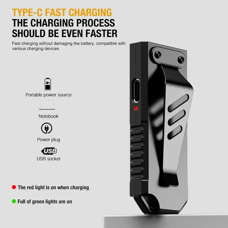 Simples Market portable waist-hanging keychain flashlight with emergency charging, black metal.