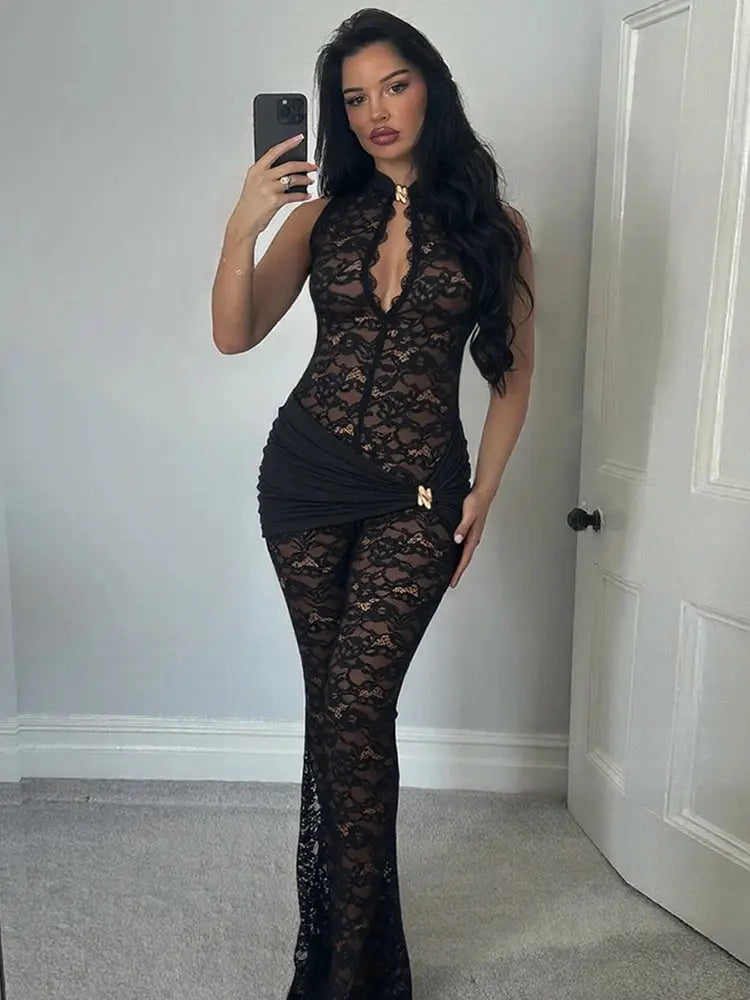 Simples Market Nibber Streetwear Patchwork Jacquard Jumpsuit in black lace with ruched waist and metal knot.