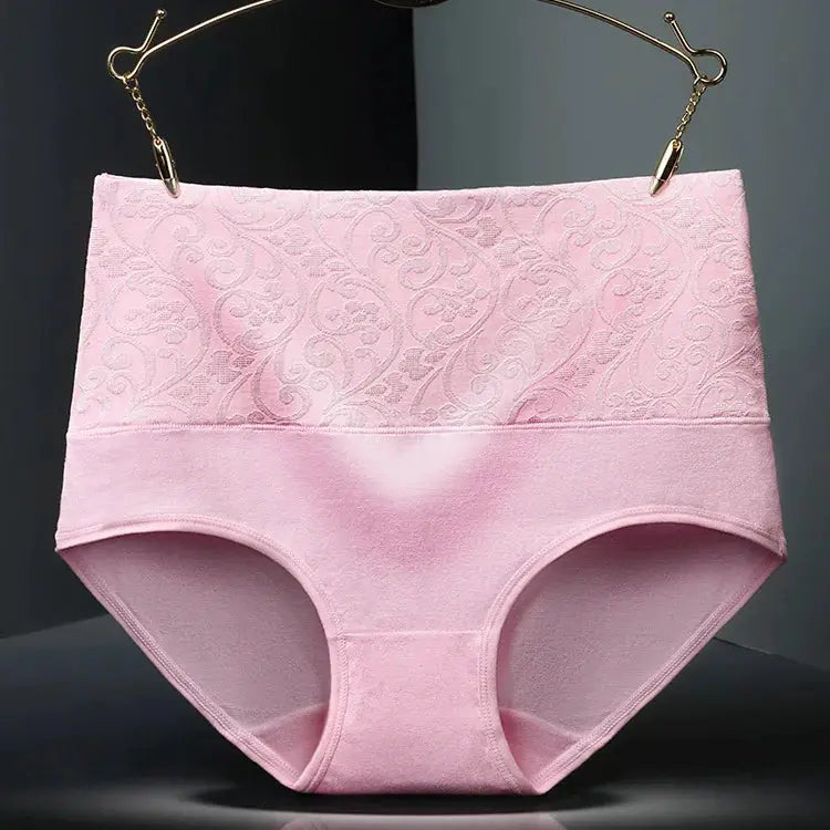 Plus-size pink high-waist cotton panties for women with lace panel
