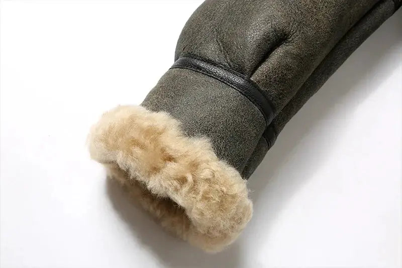 Leather shearling jacket sleeve with beige fur cuff