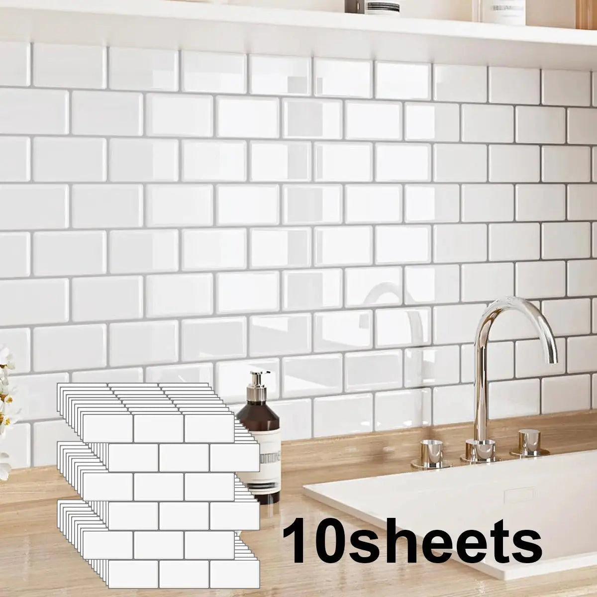 Simples Market white subway backsplash tiles, peel-and-stick, waterproof, 5/10 sheets
