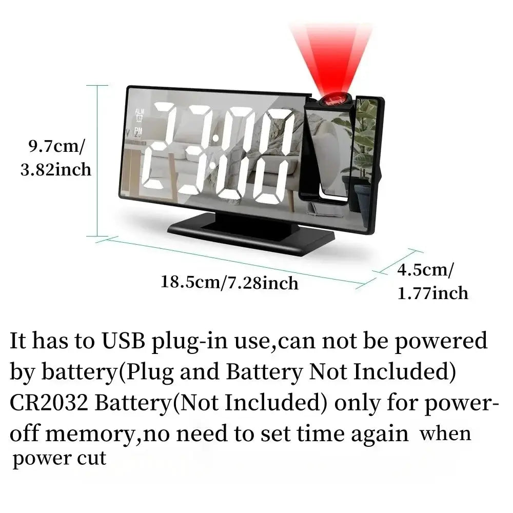 USB powered digital projection alarm clock with 180° projector and large LED display