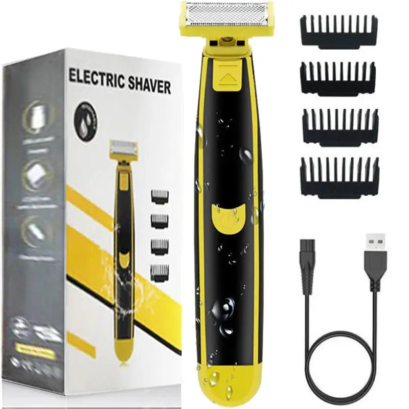 Electric shaver in yellow and black with 4 attachment combs and USB charger for bikini and body grooming