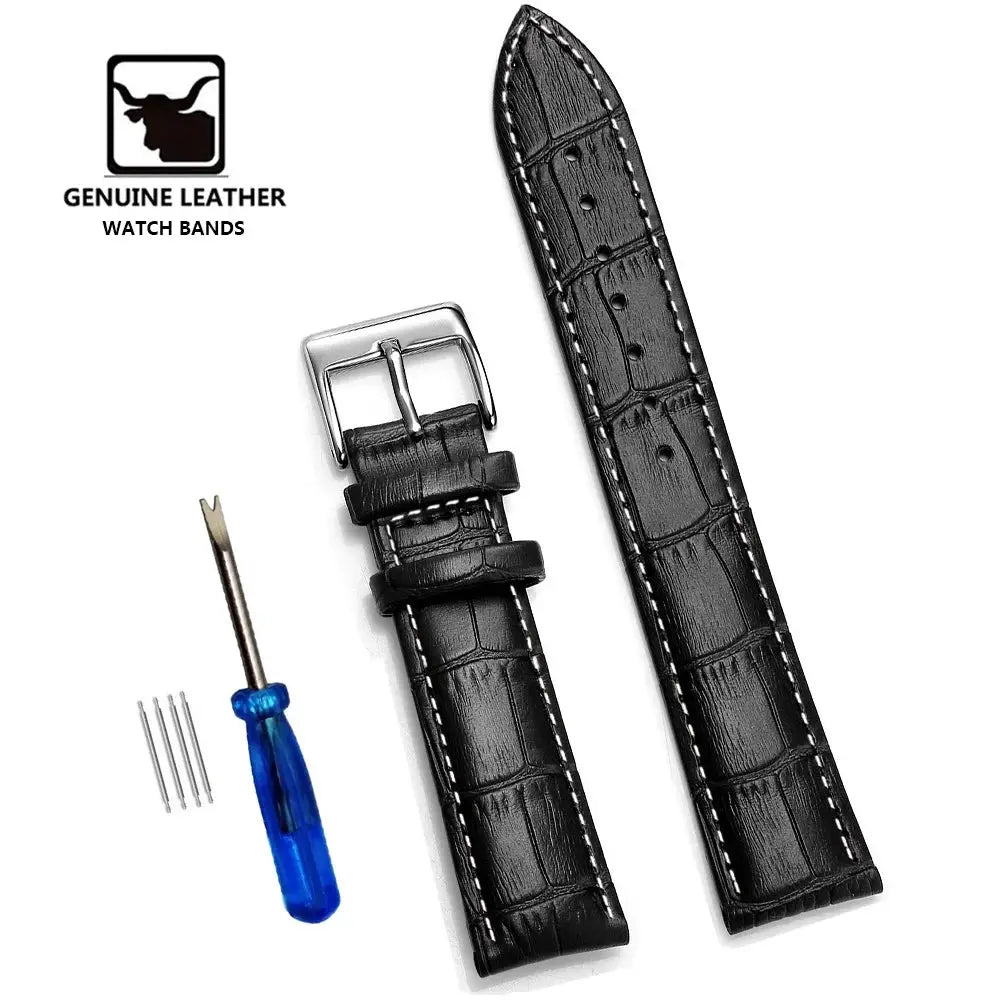 Simples Market Genuine leather watch bands set, two black croc-embossed straps with buckle, tool and pins (12–24 mm)