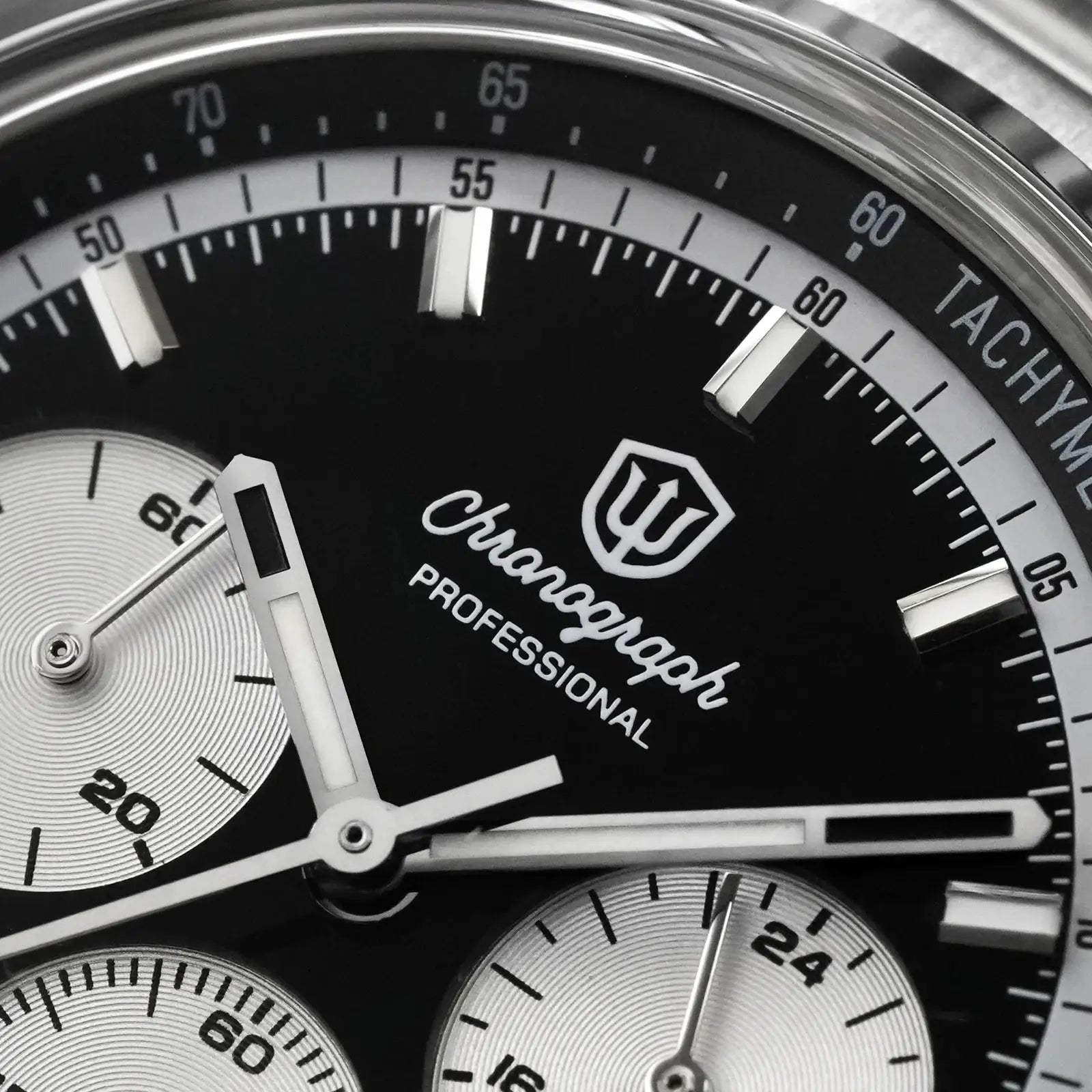Chronograph watch with black dial, white subdials, stainless steel case; Chopard logo visible