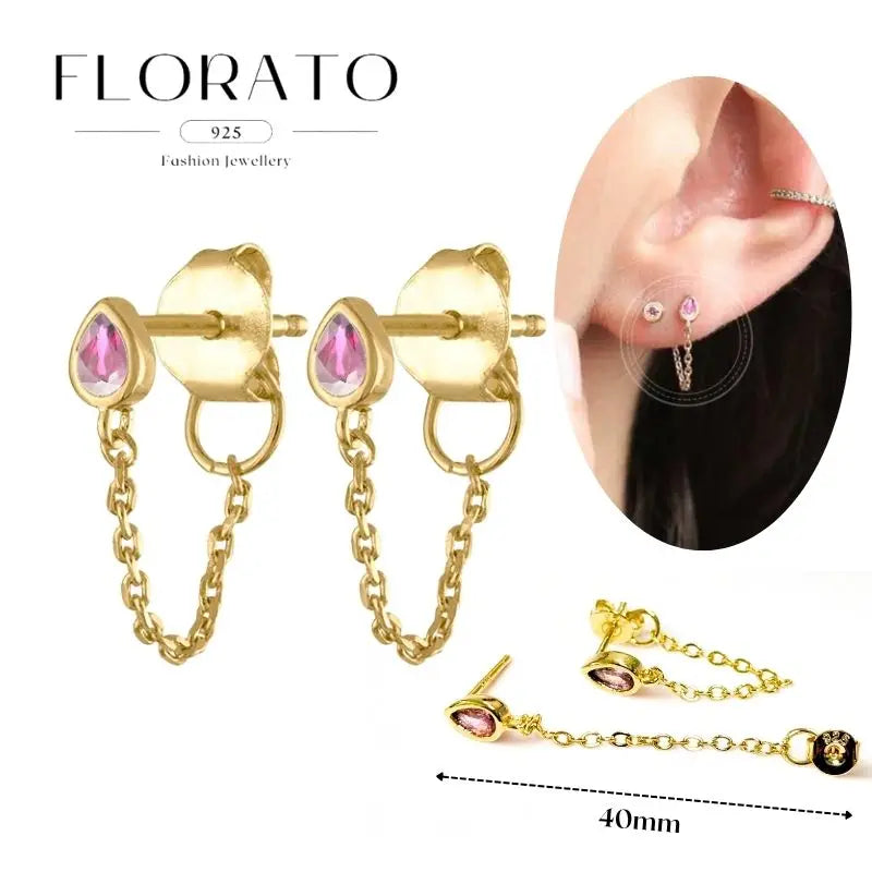 Florato gold-tone 925 earrings with pink zircon pendant hoops and dangling chain (pair)