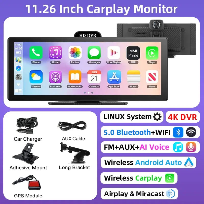 11.26 Inch 4K Dash Cam CarPlay Android Auto GPS Dual Lens Bluetooth
