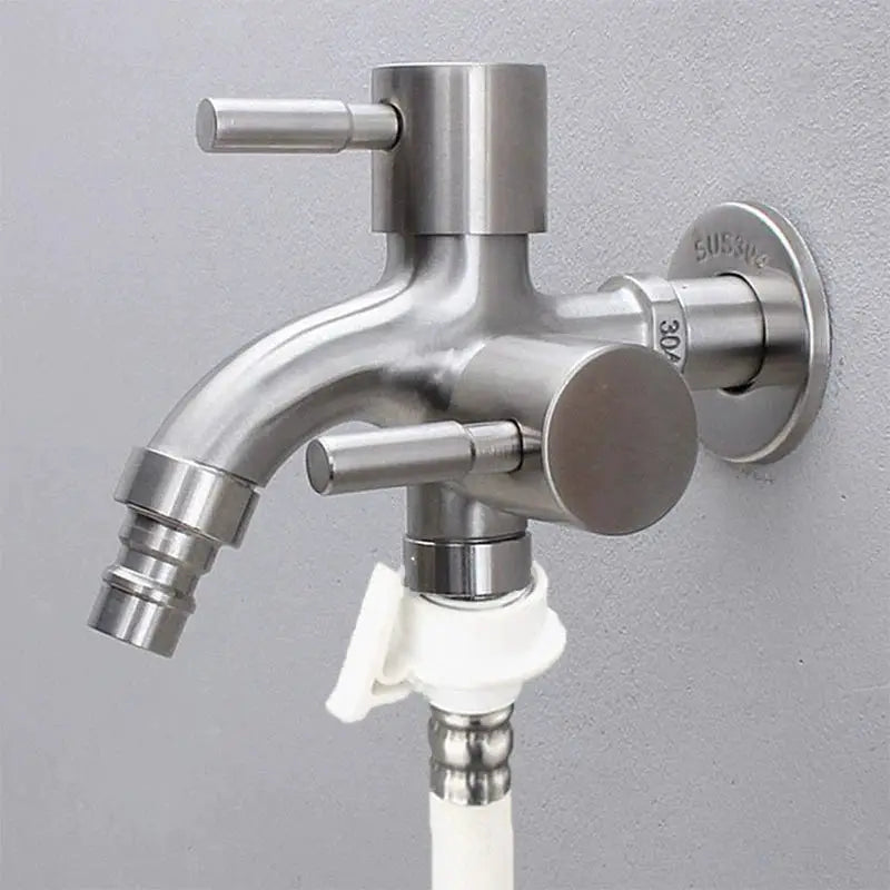 1/2in double-outlet faucet by Simples Market, stainless steel washing machine faucet with dual outlets.