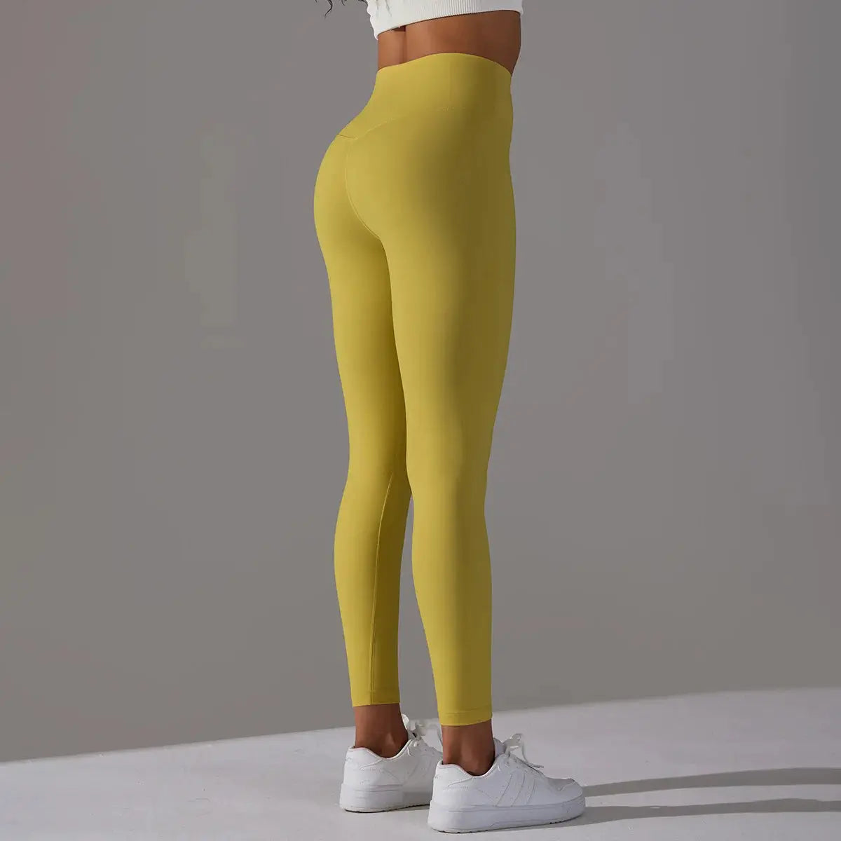 High-waist yellow leggings for women; full-length fitness and yoga pants
