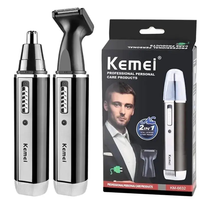 Kemei 4-in-1 trimmer set; black/silver cordless nose/ear and hair/beard trimmers, two devices with box