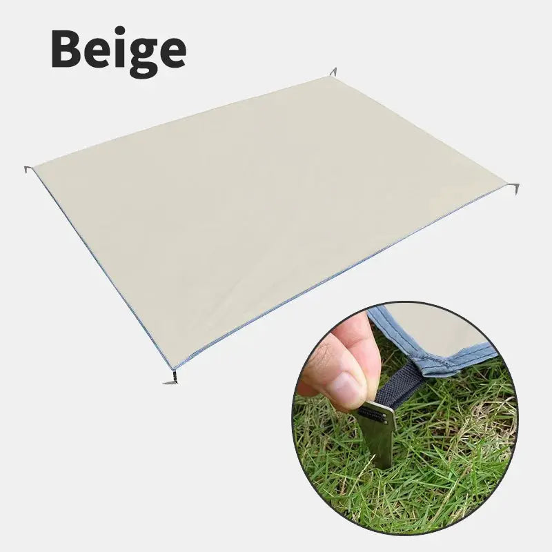 Beige waterproof camping mat with pegs by Simples Market; ultralight large portable travel beach mat