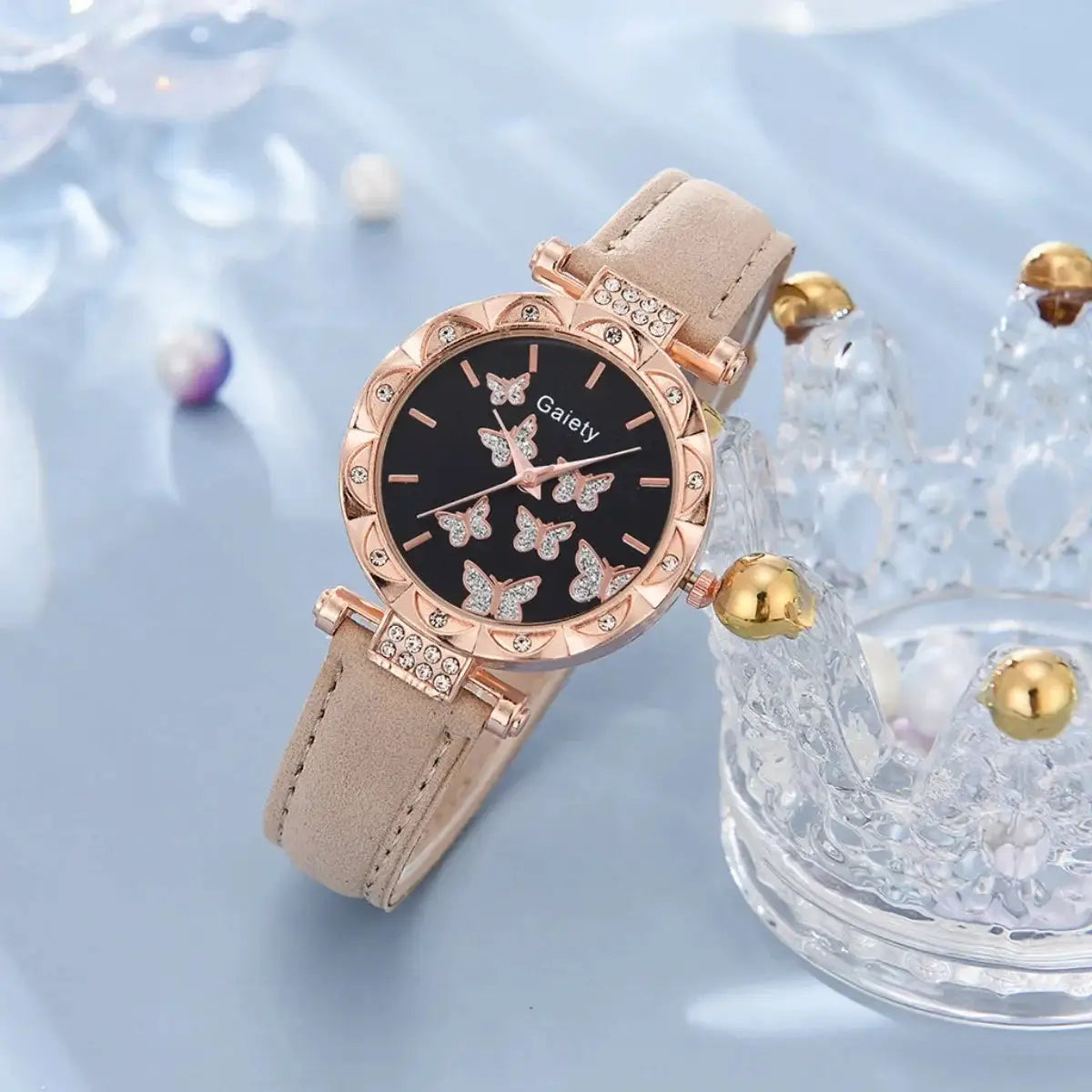 Butterfly Lane Watch Set Leather Strap Quartz Wristwatch With Matching Ring Necklace Earrings Bracelet