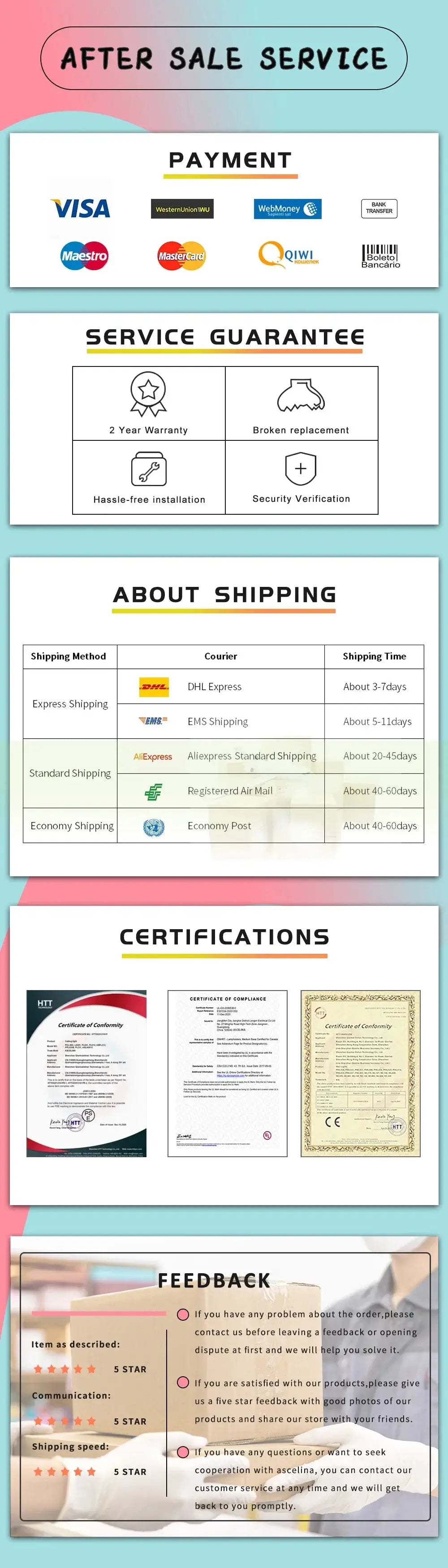 Nordic LED pendant light by Simples Market, flying saucer design; infographic with service, shipping, and certifications.