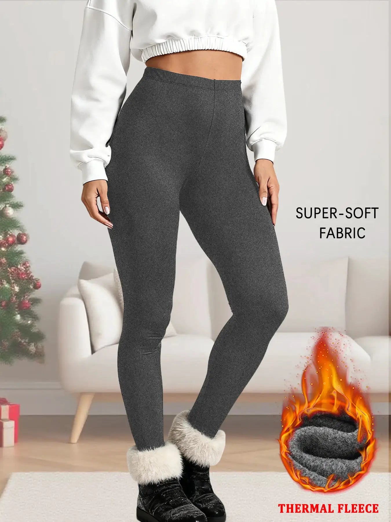Women's low-rise thermal fleece-lined leggings in dark gray by Simples Market; super-soft fabric.
