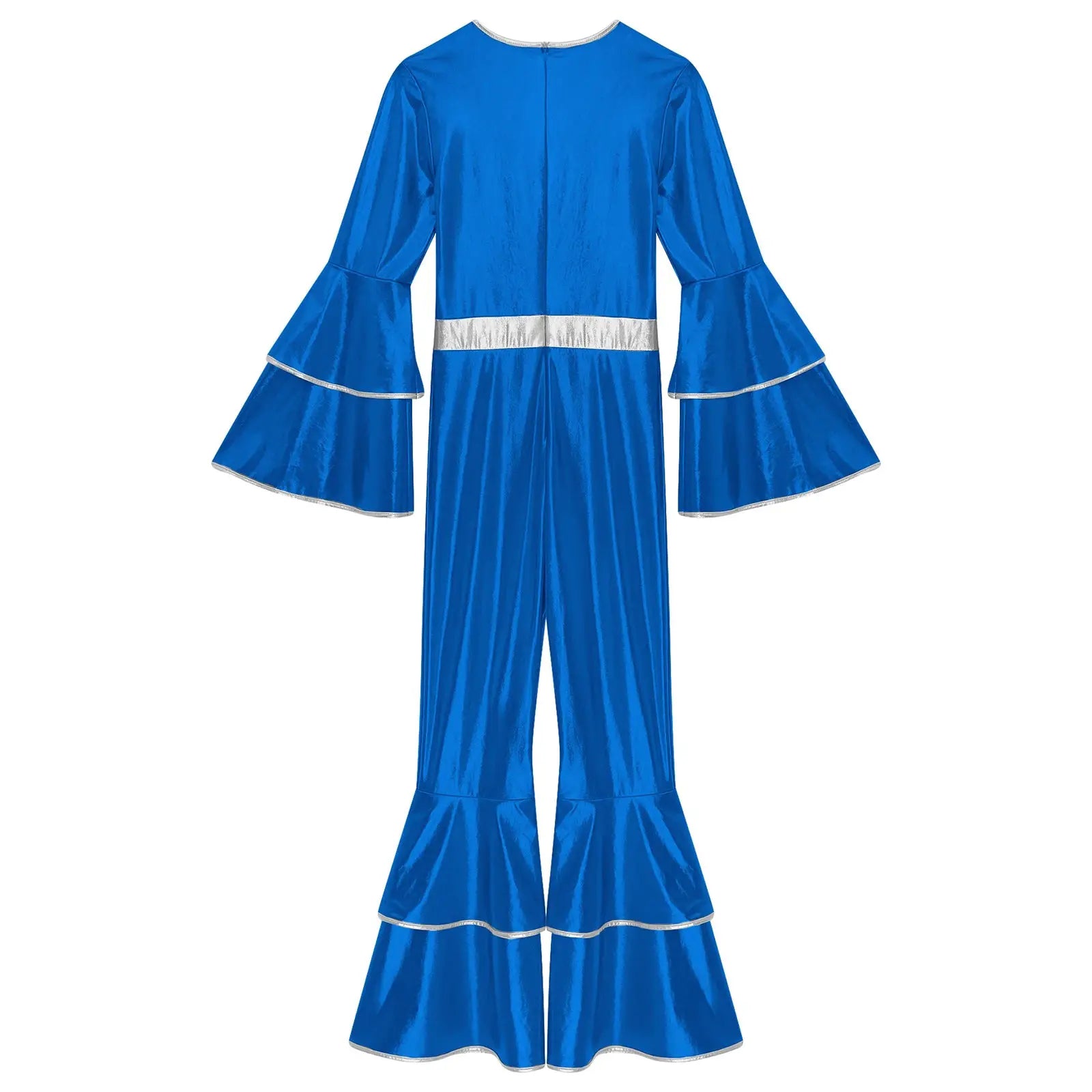 Womens 70s disco jumpsuit by Simples Market in metallic blue with silver trim and flared bell sleeves