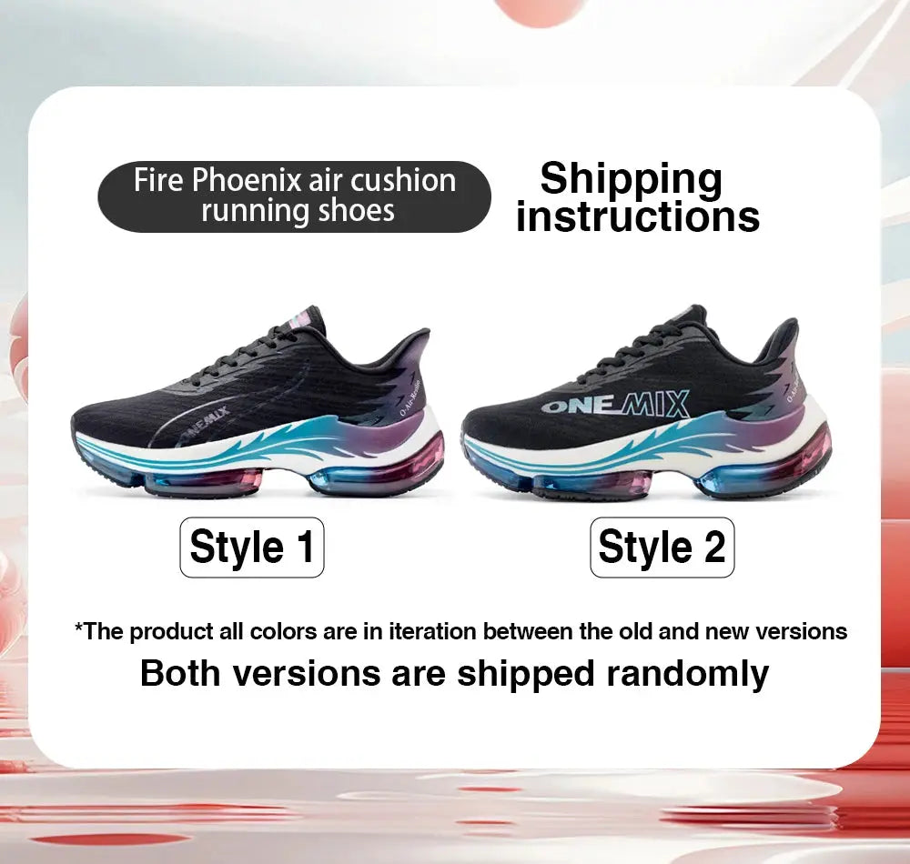 ONEMIX men's running shoes with air cushion and breathable mesh, black with blue gradient outsole, 2 styles