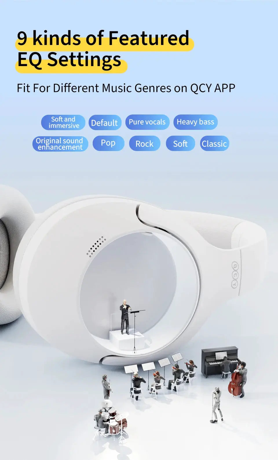 QCY H3 Lite over-ear wireless headphones, white, foldable