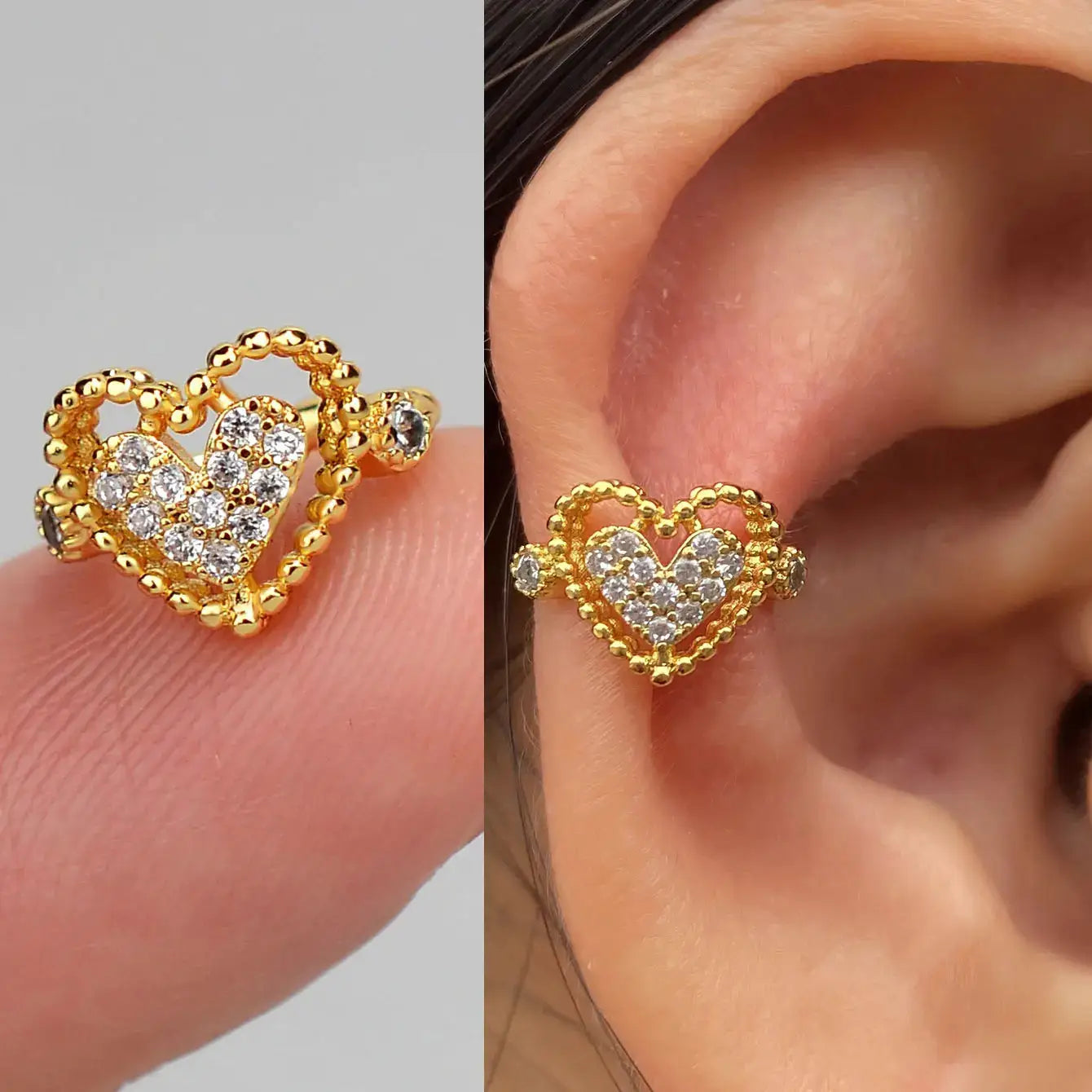 Gold-tone heart-shaped zircon clip-on earring for women with clear stones