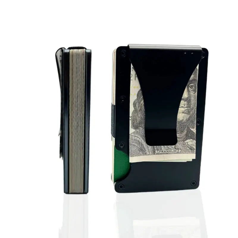 Minimalist aluminum RFID blocking wallet for men by Simples Market, black with money clip, slim and durable