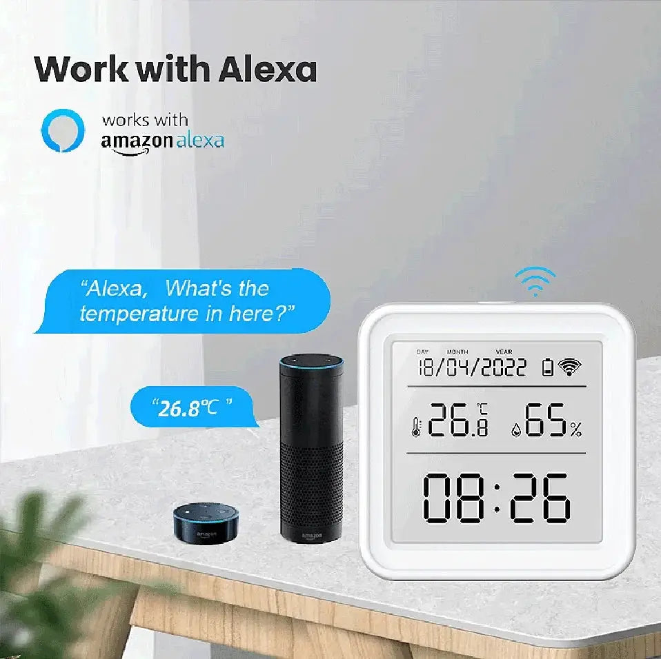 Tuya Zigbee WiFi temperature humidity sensor; three devices shown, including a black smart speaker and white display.