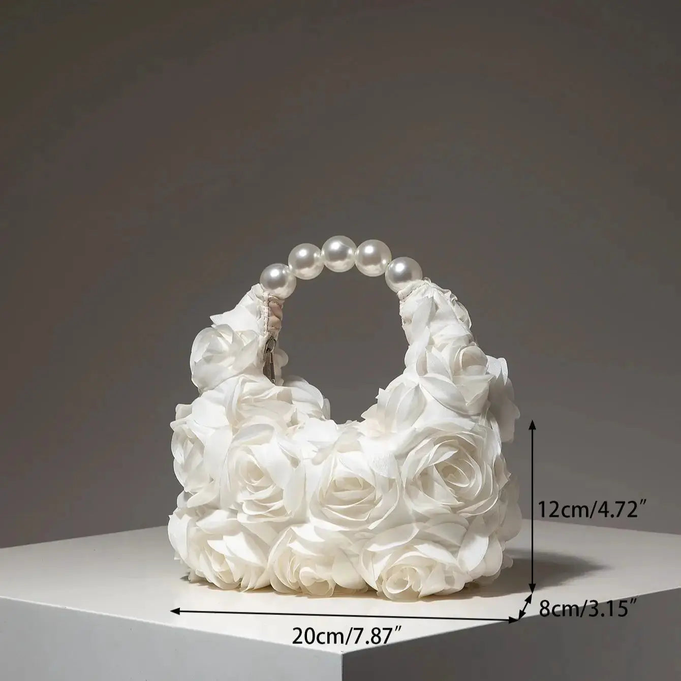 White floral handbag with pearl bead handle, elegant gala and wedding accessory