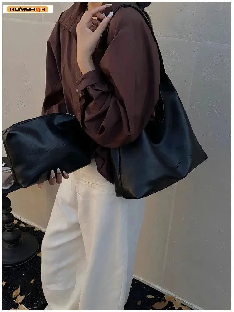Homefish Spacious PU Leather Tote Bag With Retro Design For Everyday Use Durable Shoulder Bag