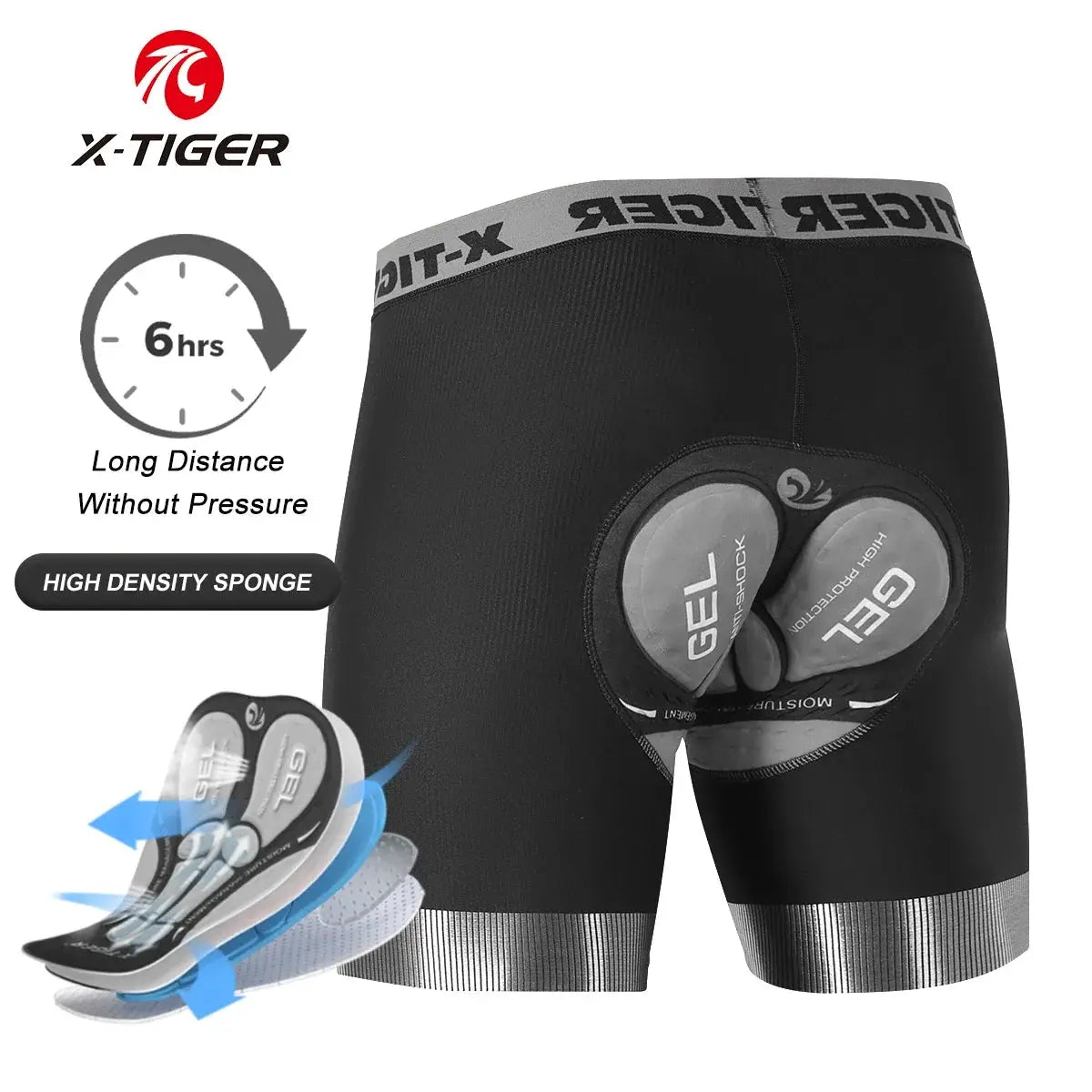 X-TIGER men's padded cycling shorts with 5D gel pad and anti-slip leg grips, black