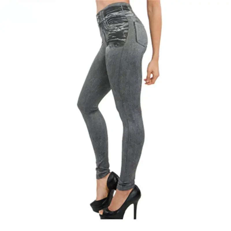 Women's high-waist denim-printed leggings, gray, stretchy full-length