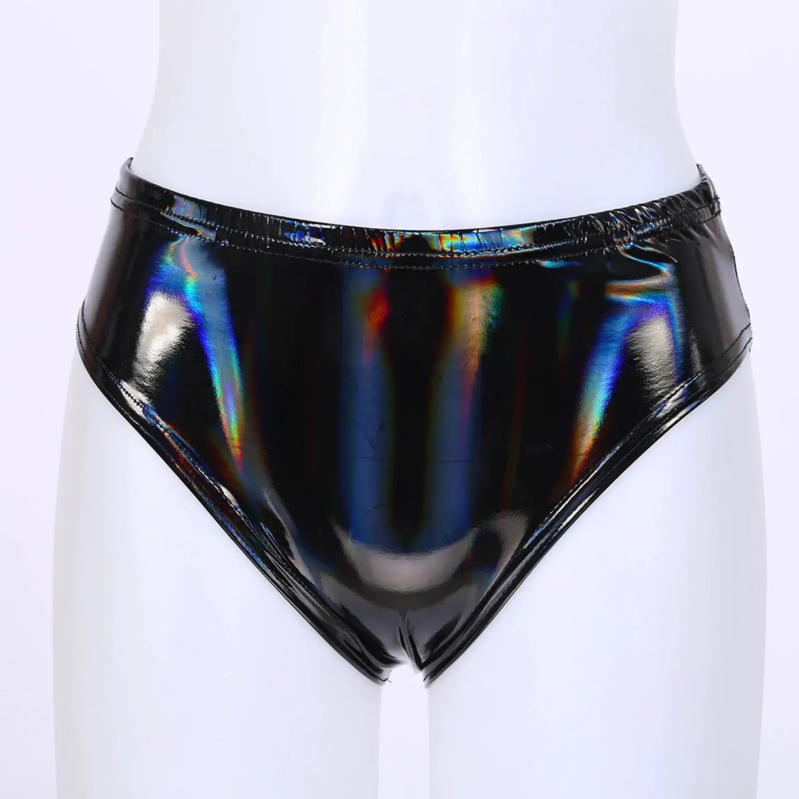 Simples Market women's wet-look patent leather briefs, black low-rise mini shorts.