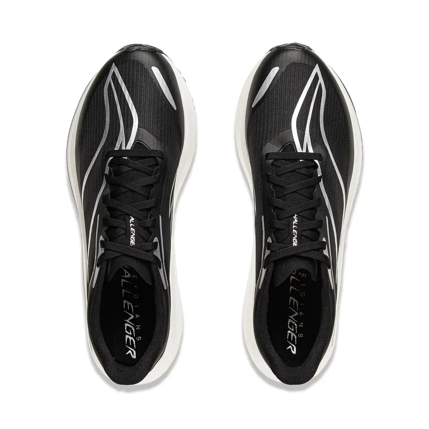 Li-Ning FEIDIAN 5 CHALLENGER racing shoes, black mesh sneakers with white soles and silver accents, pair