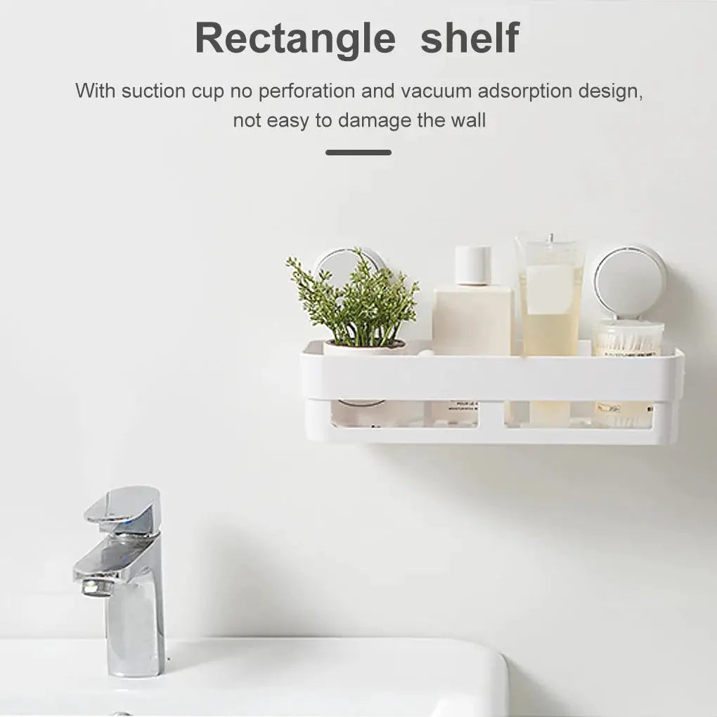 White rectangle shower shelf basket with suction cups, wall-mounted bathroom organizer for toiletries
